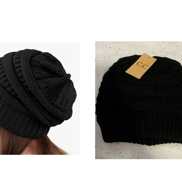 C.C. Womens Black Rib-Knit Chunky Skull Cap Warm Cozy Winter Beanie Hat Adult - Picture 3 of 13